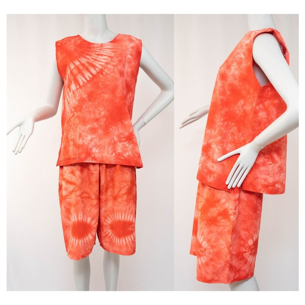 Women's Two Piece Orange Tie Dye Sleeveless Top and Shorts Boho Chic Beach Wear